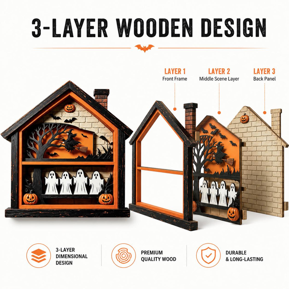 Diagram of the 3-layer wooden witch house: front frame, witch scene layer and back panel