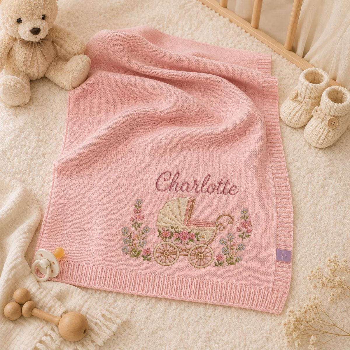 Pink personalized baby blanket with floral pram embroidery laid on a cream throw with booties and a rattle