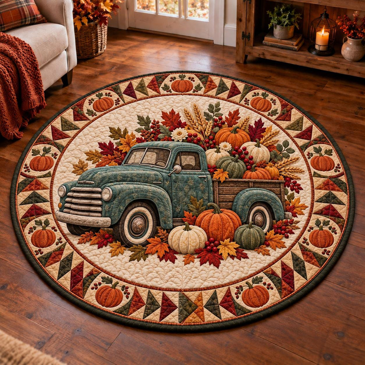 Vintage pumpkin truck round quilted rug on a warm wood floor beside a sofa with a rust throw and candles
