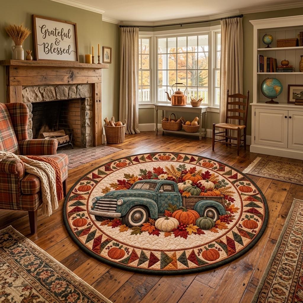 Vintage truck Thanksgiving rug in a cottage room with a stone fireplace, plaid chair and Grateful sign