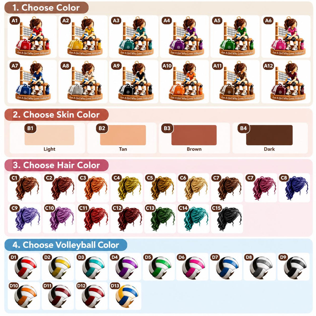 Volleyball girl options chart: outfit A1 to A12, skin B1 to B4, hair C1 to C15, ball D1 to D13