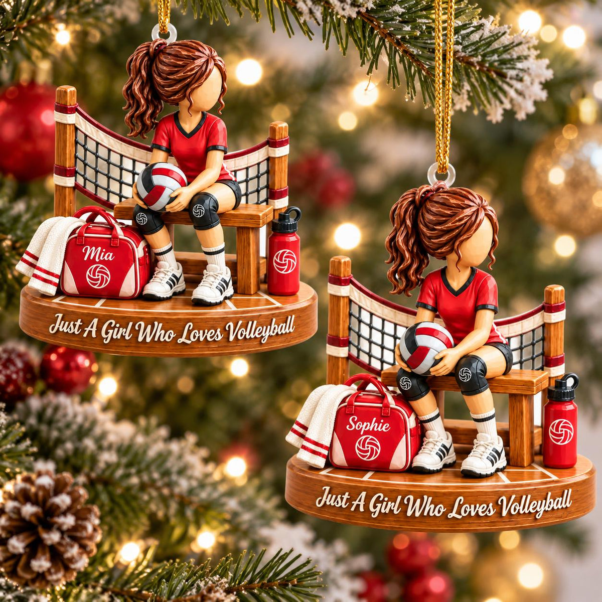 Two volleyball girl ornaments personalized with Mia and Sophie