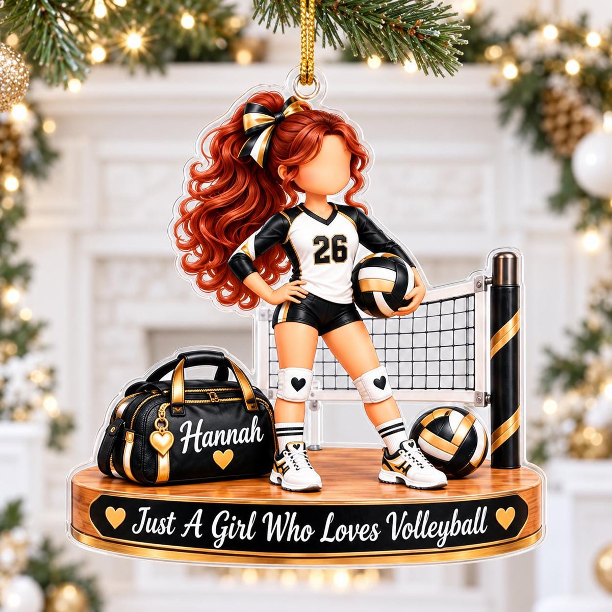 Volleyball player ornament in black and white with the name Hannah