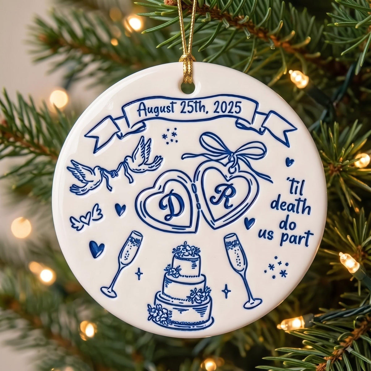 Close-up of the raised wedding cake, champagne and heart initials on the wedding ornament