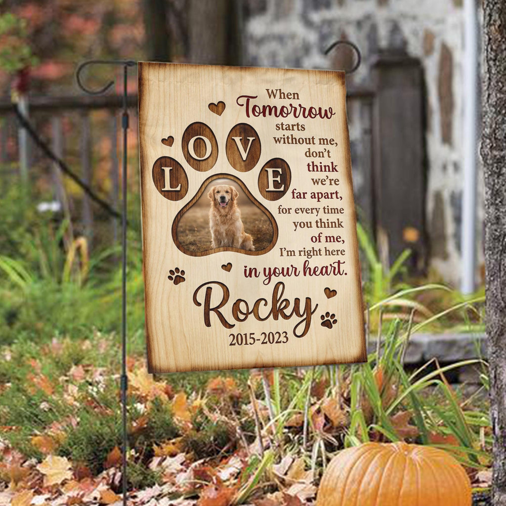 When Tomorrow Starts Without Me dog memorial garden flag with paw print photo among autumn leaves with a pumpkin
