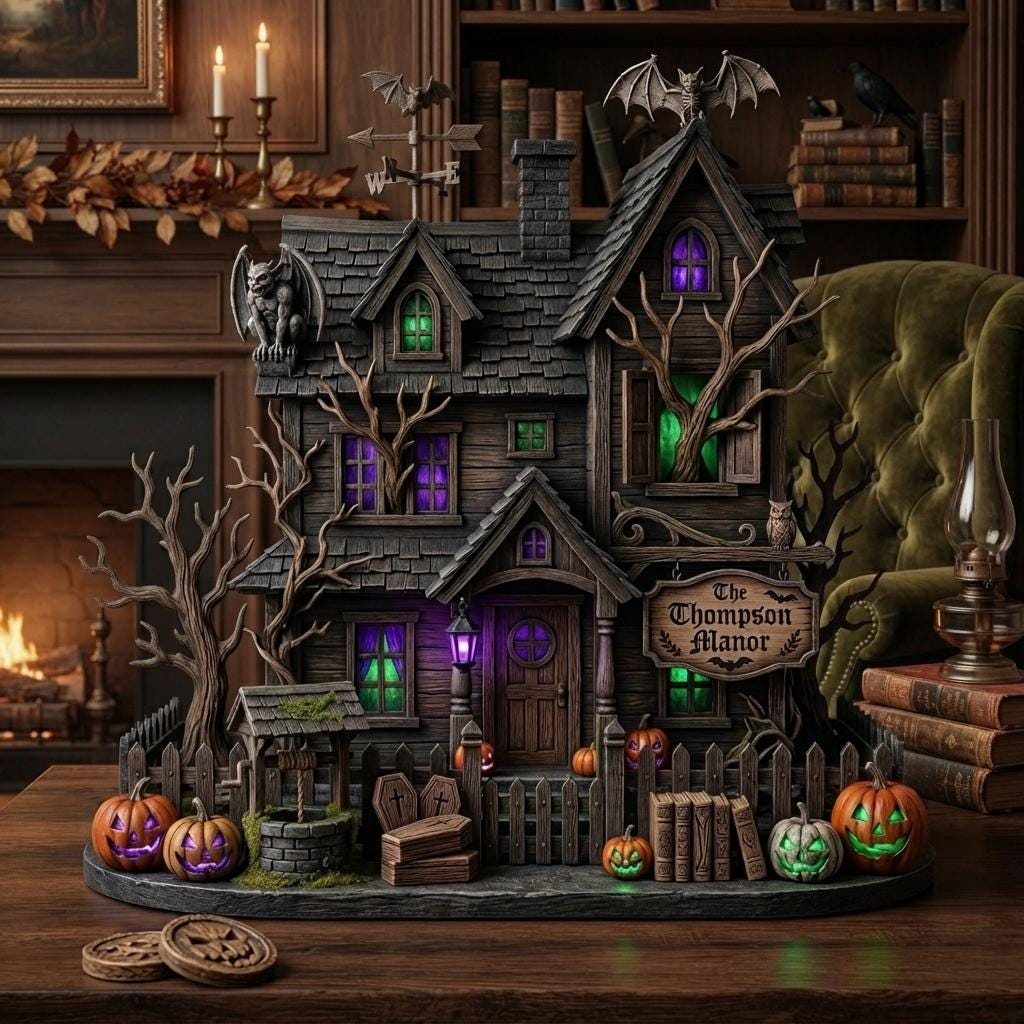 Gothic haunted manor with a Thompson Manor sign, wishing well and coffins on a table by a lit fireplace