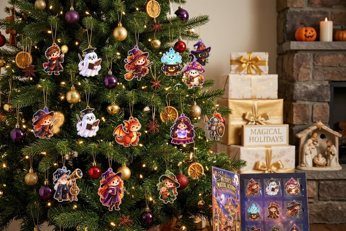 Little witch, wizard, ghost and dragon acrylic pieces hanging on a lit tree beside gifts and an open calendar