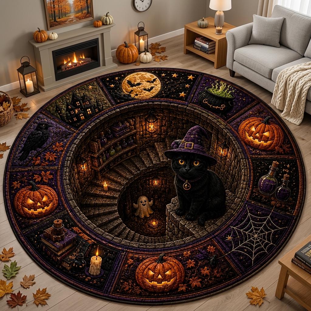 Witch cat Halloween round rug in a bright living room with a gray armchair, fireplace and pumpkins on the mantel