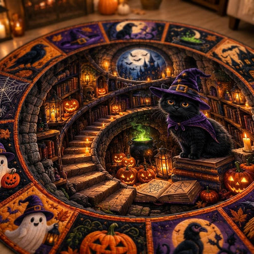 Close-up of a black cat in a witch hat on books above spiral stone stairs, pumpkins and a green cauldron