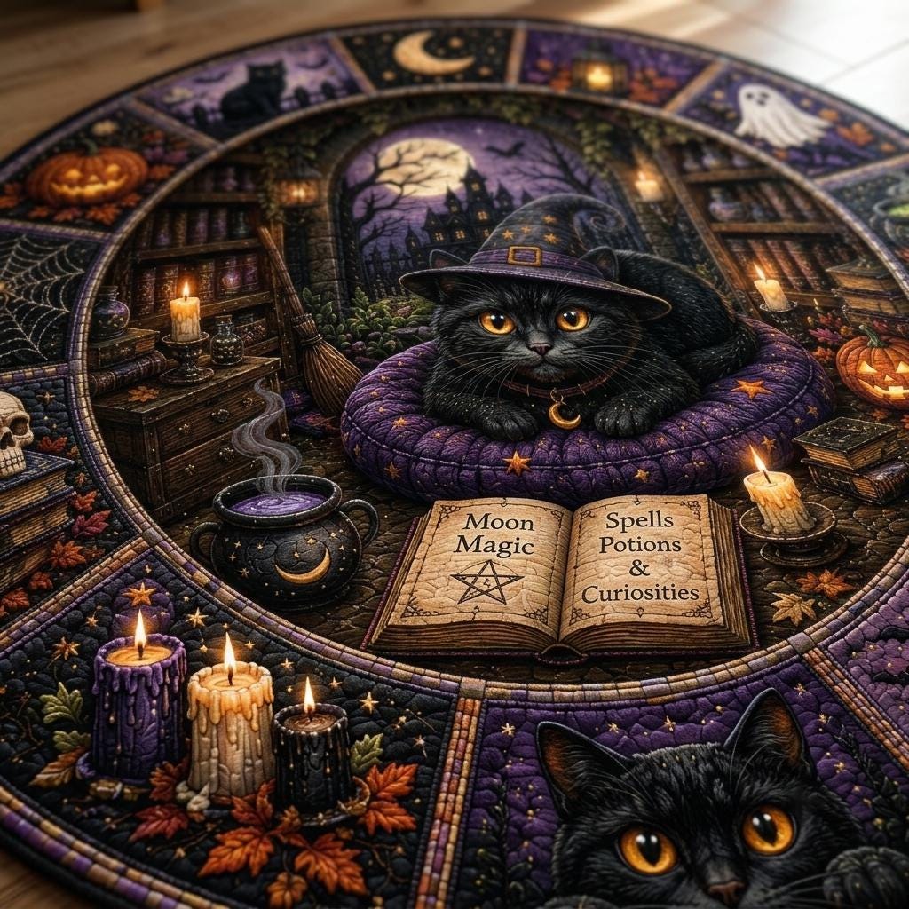 Close-up of a black cat in a witch hat on a purple cushion beside an open spellbook, candles and cauldron