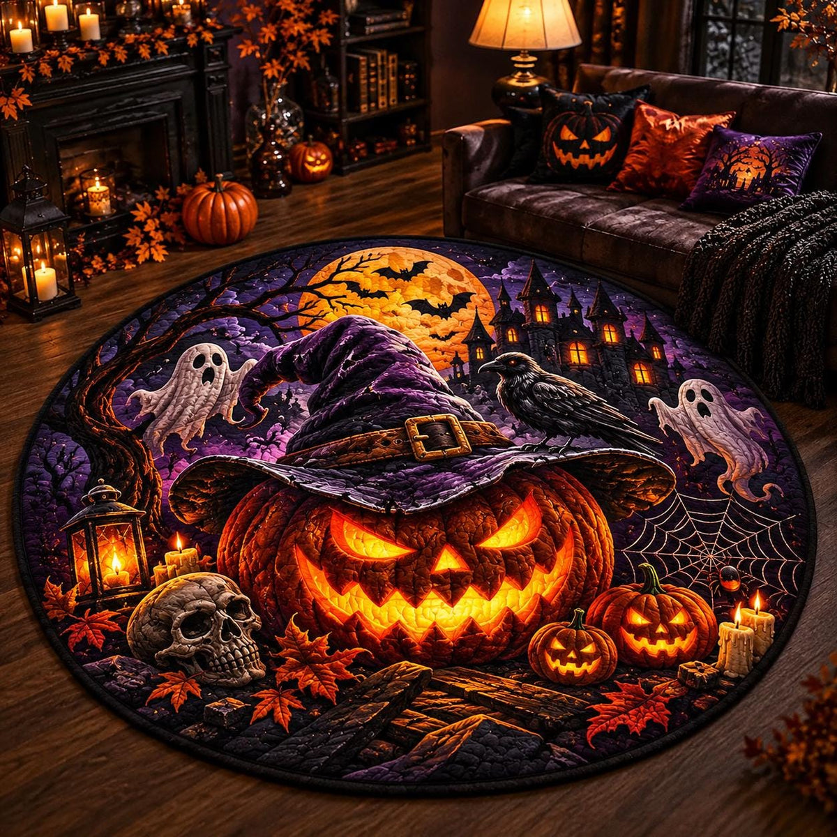 Witch hat jack-o'-lantern round quilted rug in a dark living room with a leather sofa and candles