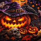 Close-up of the glowing jack-o'-lantern in a purple witch hat with a raven, skull and small pumpkins