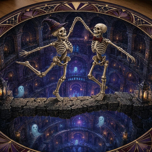 Close-up of a witch hat skeleton and bow tie skeleton dancing on a stone bridge above a ghostly dungeon