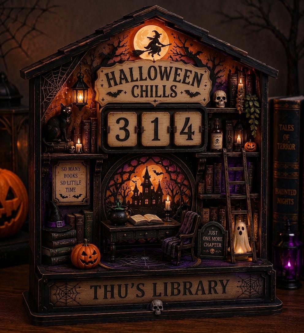 Witch moon Halloween tracker with a Halloween Chills header, numbers 314 and Thu's Library name plate