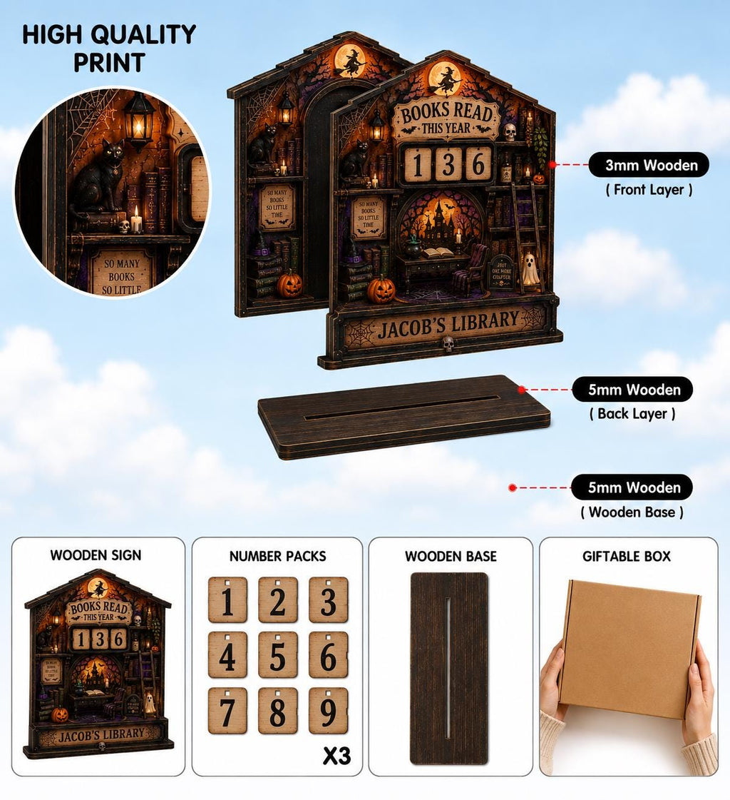 Layer view of the witch moon Halloween book tracker with number cards, wooden base stand and gift box