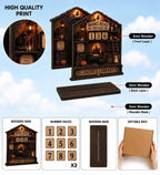 Layer view of the witch moon Halloween book tracker with number cards, wooden base stand and gift box