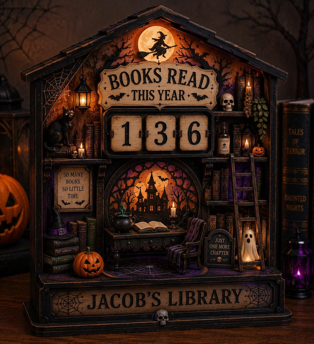 Halloween book tracker with a witch flying across an orange moon, reading Jacob's Library, beside a jack-o'-lantern