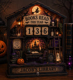 Halloween book tracker with a witch flying across an orange moon, reading Jacob's Library, beside a jack-o'-lantern