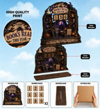 Layer view of the witchy reading nook book tracker with number cards, wooden base stand and gift box