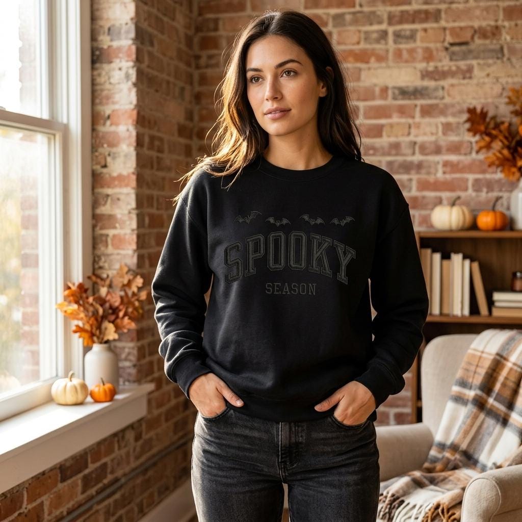 Woman wearing a black Spooky Season embroidered sweatshirt in a cozy fall room