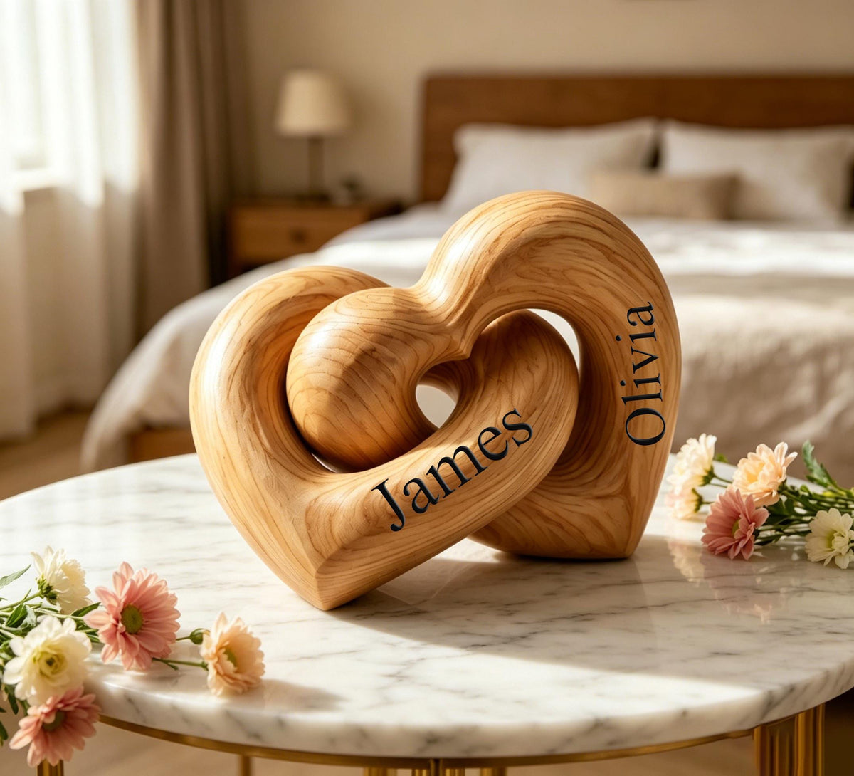 Personalized wooden hearts standing on a table as couple decor