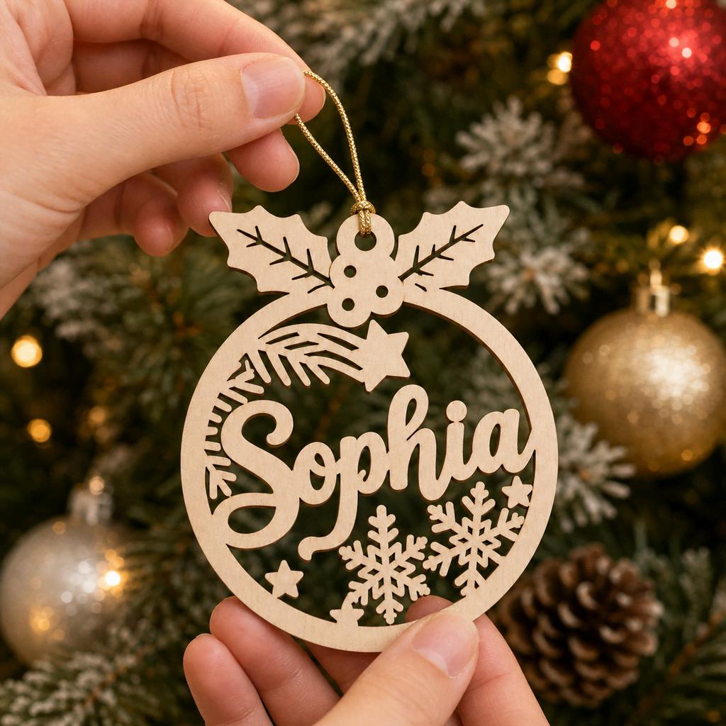 Personalized wooden name ornament with snowflake and holly cut-out hanging on a Christmas tree