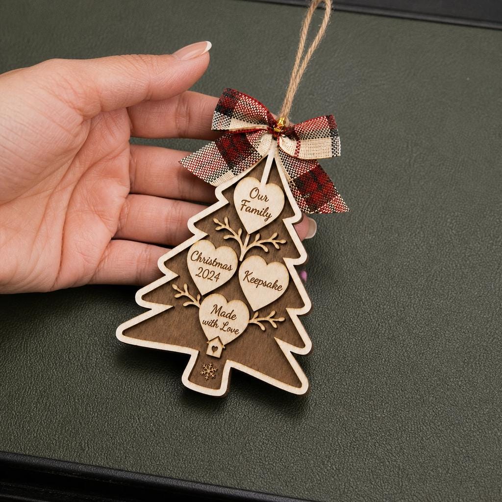 Angled view of a custom words hearts wooden tree ornament with plaid bow