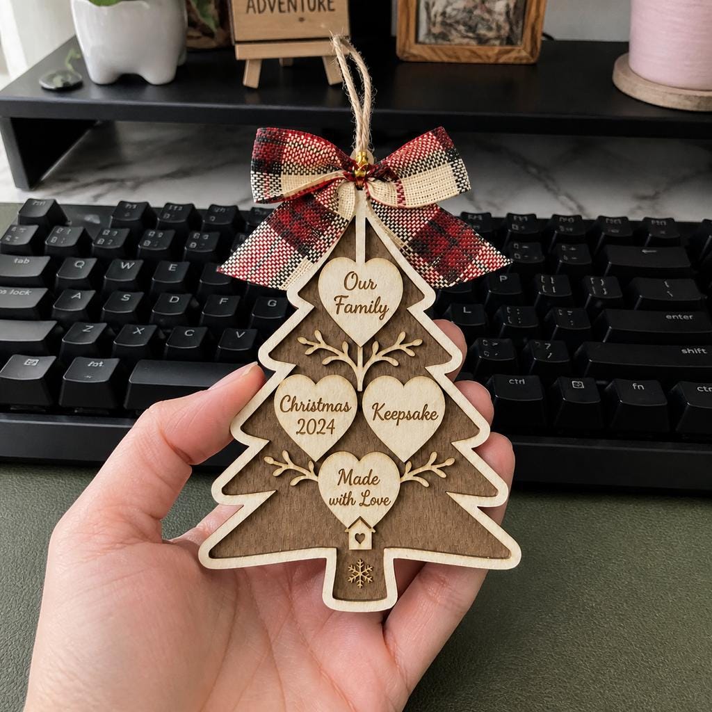 Hand holding a wooden tree keepsake with custom words in hearts and plaid bow