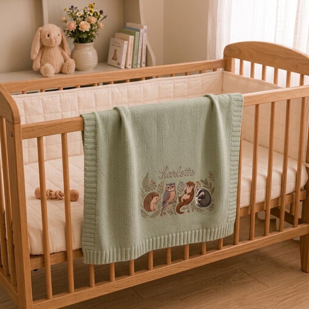 Green knit baby blanket with an embroidered row of woodland animals and name draped on a wooden crib
