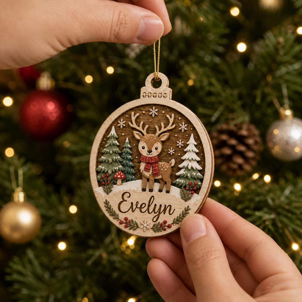 Hand holding a personalized woodland deer round ornament with child name