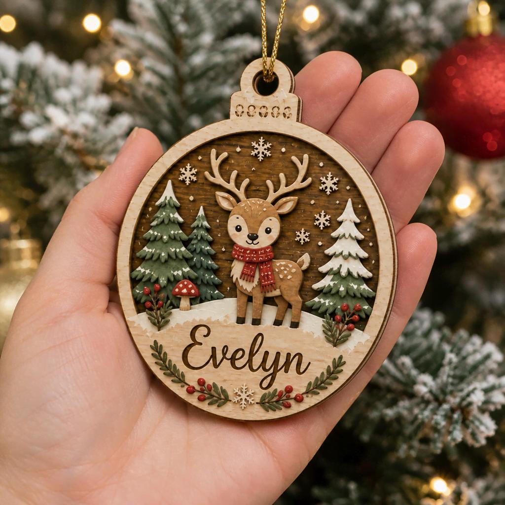 Personalized woodland deer wooden ornament with name resting in an open palm