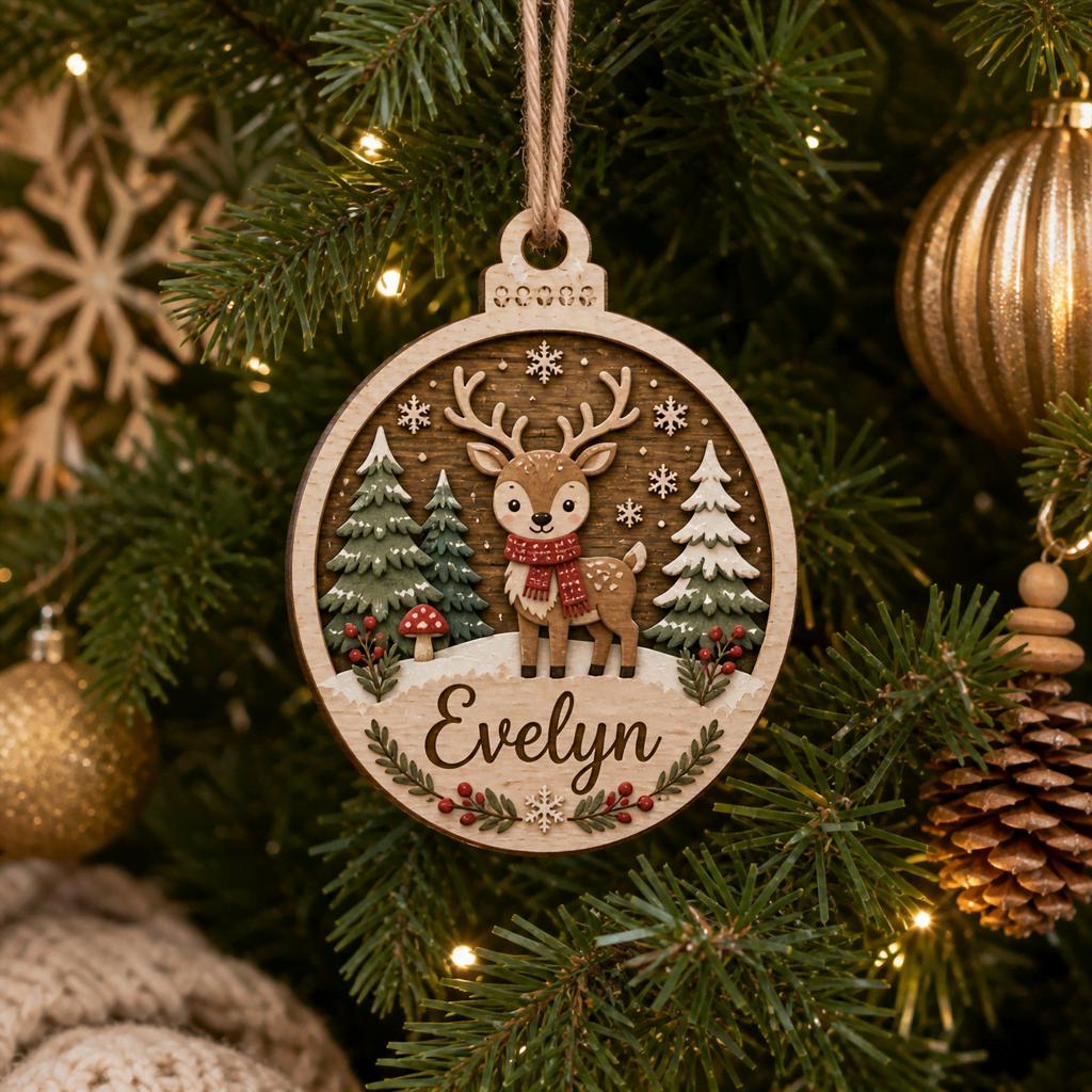 Round woodland deer ornament with custom name hanging on a Christmas tree