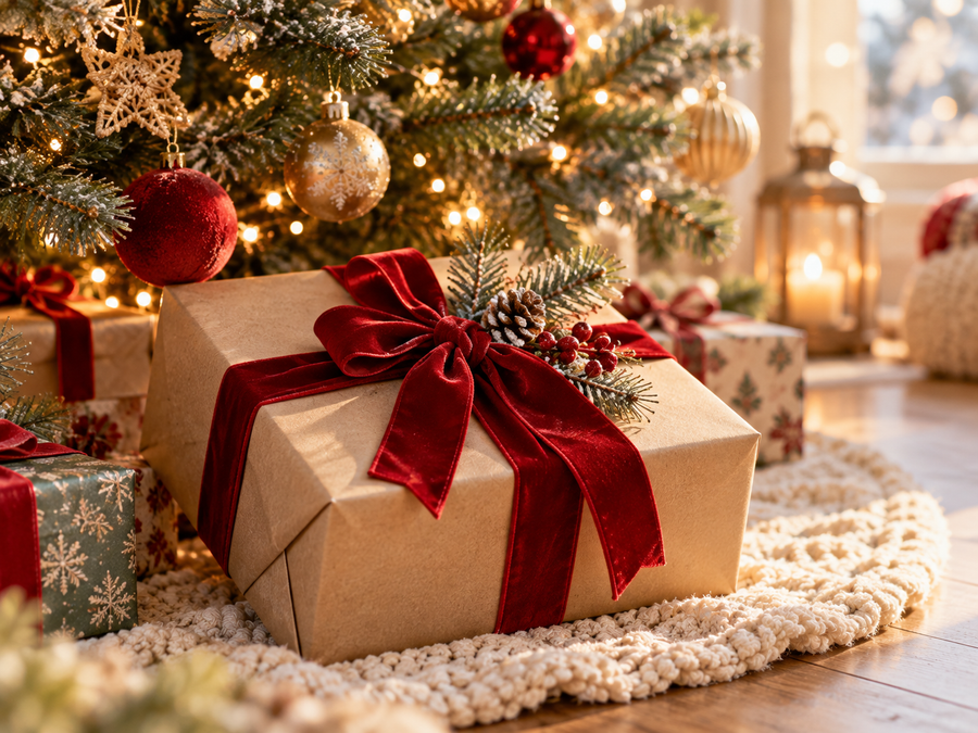 Personalized Christmas gift wrapped in kraft paper with a red ribbon under the tree