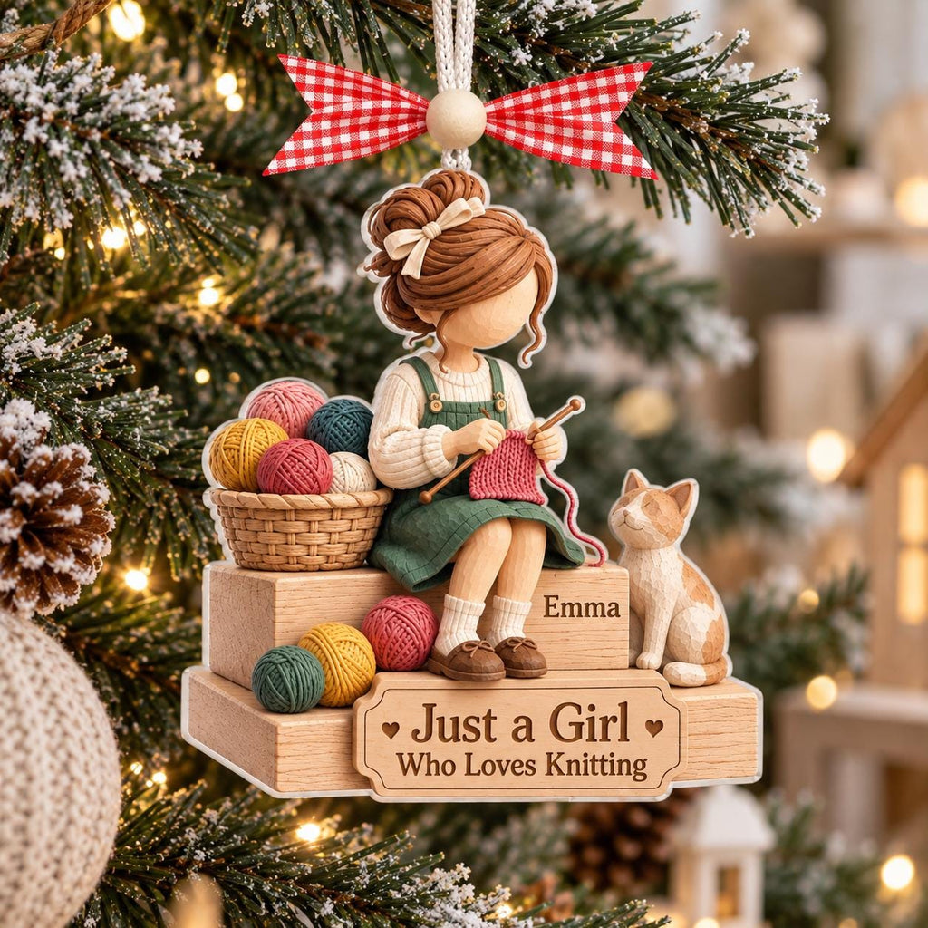Knitting girl ornament with Emma hanging by pine cones