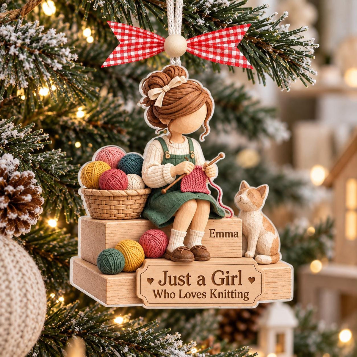 Knitting girl ornament with Emma hanging by pine cones