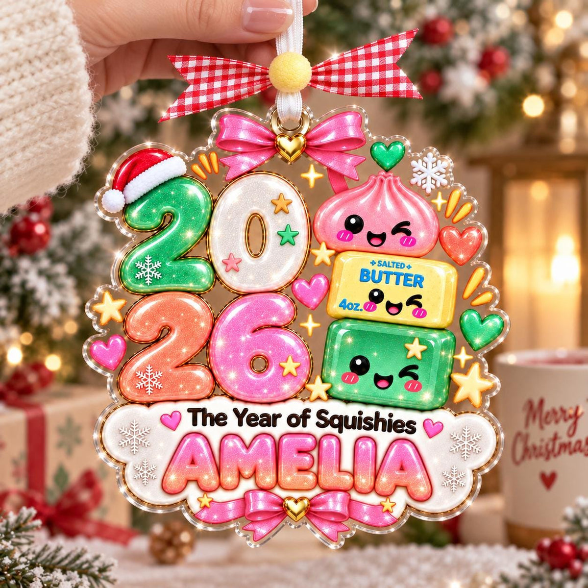 The Year of Squishies 2026 ornament with Amelia held in a hand