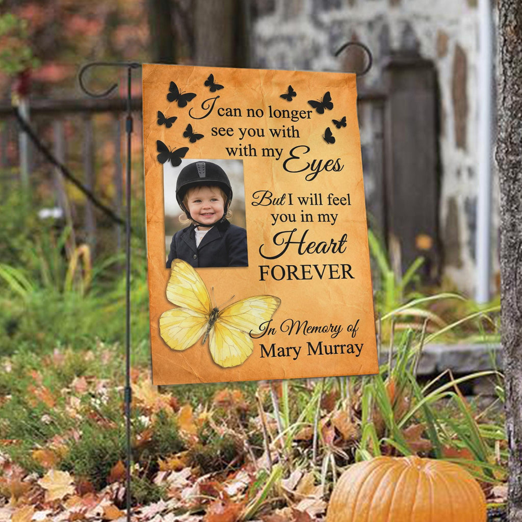 Yellow butterfly I Will Feel You In My Heart photo memorial garden flag among autumn leaves with a pumpkin