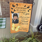 Yellow butterfly I Will Feel You In My Heart photo memorial garden flag on a stand by a brick front porch