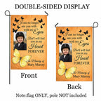Yellow butterfly I Will Feel You In My Heart photo memorial garden flag shown front and back to display the double-sided print, flag only