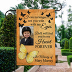 Yellow butterfly I Will Feel You In My Heart photo memorial garden flag beside a stone garden path