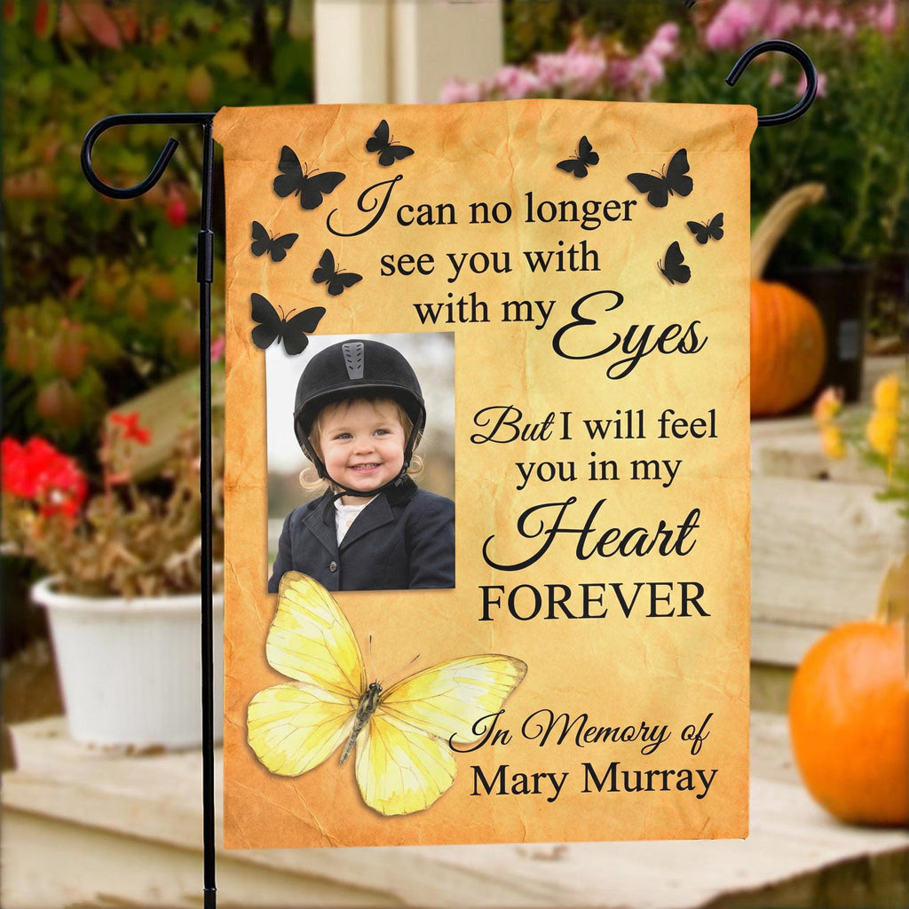Yellow butterfly I Will Feel You In My Heart photo memorial garden flag on porch steps with pumpkins and flowers