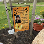 Yellow butterfly I Will Feel You In My Heart photo memorial garden flag on a garden flag stand in a yard with potted flowers