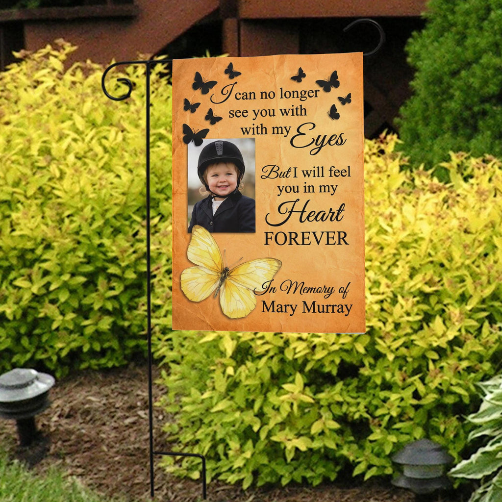 Yellow butterfly I Will Feel You In My Heart photo memorial garden flag in front of bright yellow shrubs